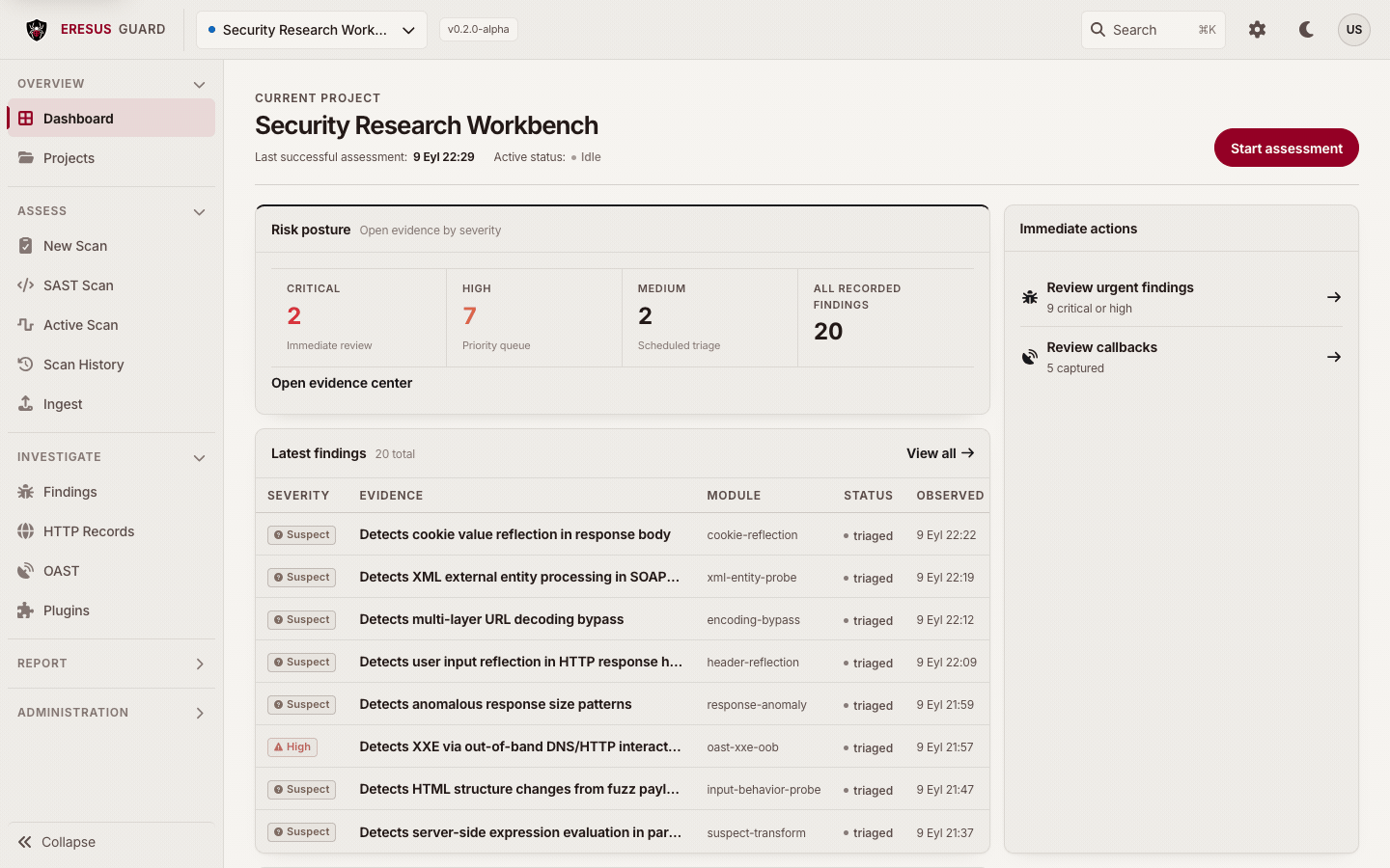 Workbench dashboard with risk posture, immediate actions, and latest findings