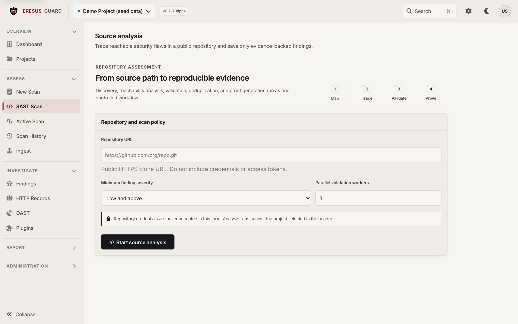 Workbench Source analysis setup with repository and upload inputs